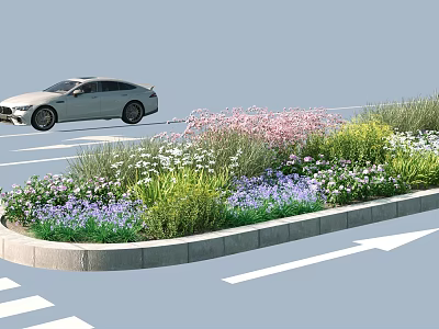 Municipal Road with Decorative Flower Bed Colorful Flowers Green Plants Driving Car Road Marking Arrows 3d model