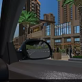 View From Car Interior Showing City Street With Tall Buildings Palm Trees And Pedestrians