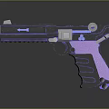 Futuristic Pistol Weapon Featuring Purple Grip Blue Accents Detailed Muzzle And Metallic Finish