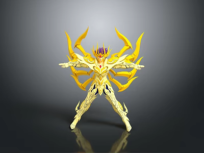 Elaborate Golden Mythic Armor Figure With Yellow Wing Appendages And Reflective Display Base 3d model