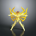 Elaborate Golden Mythic Armor Figure With Yellow Wing Appendages And Reflective Display Base