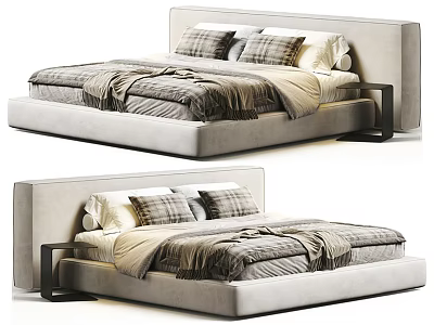 Modern Double Bed With Upholstered Headboard Plaid Pillows And Soft Duvet Next To Wooden Nightstand 3d model