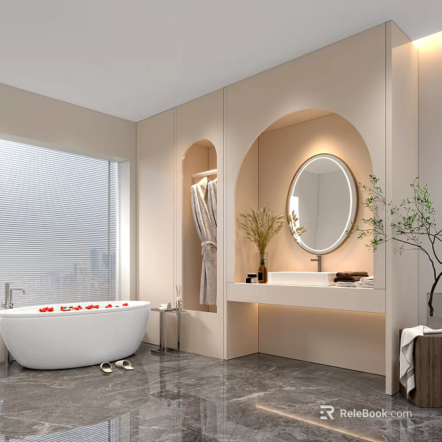 Modern Bathroom Decorative Ornament Set With Round Mirror Vase Plant And Bathtub 3d model 