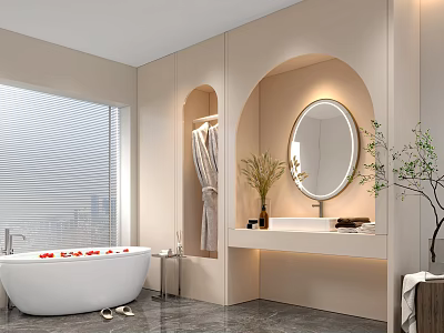 Modern Bathroom Decorative Ornament Set With Round Mirror Vase Plant And Bathtub 3d model