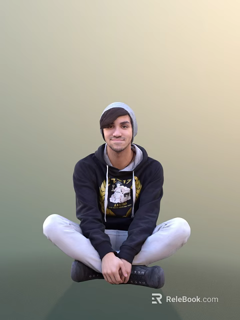 Man Sitting On The Ground Wearing Black Hoodie With Design Gray Beanie And White Pants 3d model 