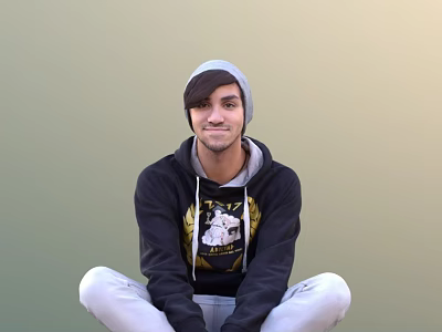 Man Sitting On The Ground Wearing Black Hoodie With Design Gray Beanie And White Pants 3d model