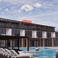 Modern Boutique Hotel Building With Water Pool Fountains Glass Curtain Walls Stone And Wooden Structures