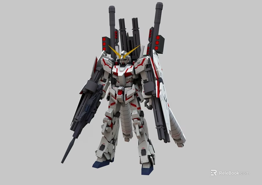 Game And Movie Mecha Character With White Red Armor Multiple Weapons And Yellow Headpiece 3d model 