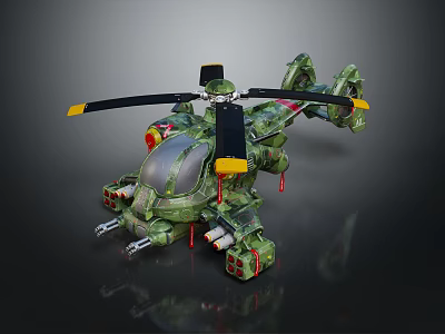 Camouflage Helicopter Model With Black Rotors Yellow Parts And Weaponry 3d model