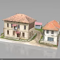 Traditional Two Story Buildings Featuring Red Tiled Roofs Light Colored Exteriors Pathway And Grass