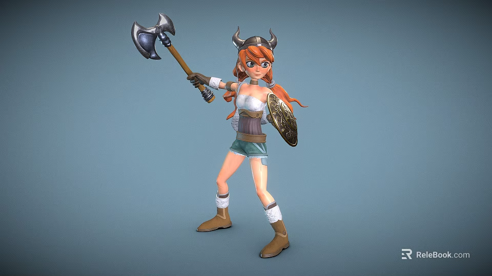 Woman With Horned Helmet Holding Axe And Shield Red Hair Shorts And Boots 3d model 