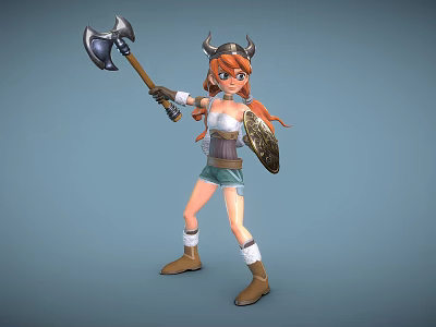 Woman With Horned Helmet Holding Axe And Shield Red Hair Shorts And Boots 3d model