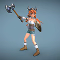 Woman With Horned Helmet Holding Axe And Shield Red Hair Shorts And Boots