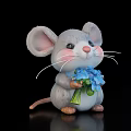 Gray Reptile Toy Holding Blue Flowers On Black Background With Reflection
