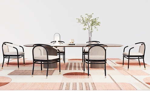 Simple Style Dining Table Dining Chair Combination Rattan Dining Chair Solid Wood Dining Table Metal Dining Chair 3d model