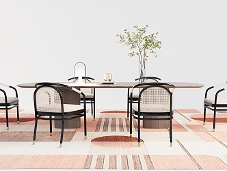 Simple Style Dining Table Dining Chair Combination Rattan Dining Chair Solid Wood Dining Table Metal Dining Chair 3d model