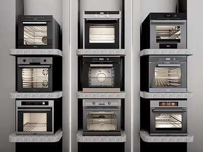 Modern Built in Kitchen Appliances With Stacked Vertical Ovens On Multi Layer Shelves 3d model