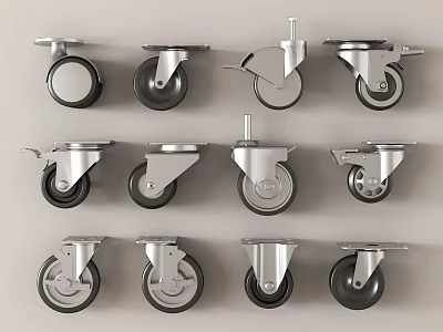 Assorted Metal Caster Wheels with Black Rubber Tires and Swivel Brackets 3d model