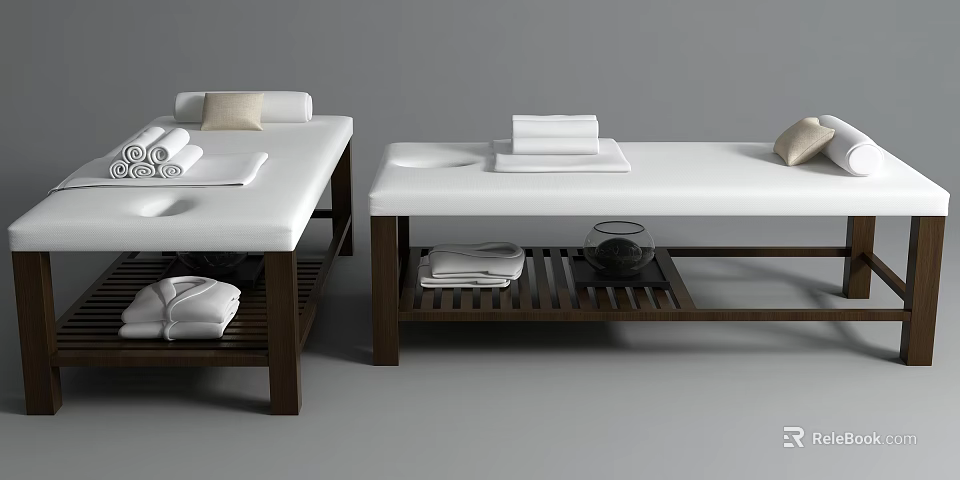 Comfortable White Massage Bed With Wooden Frame Folded Towels Tray And Teapot On Top 3d model 