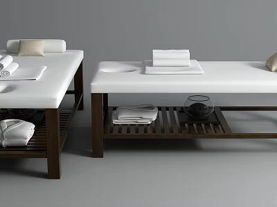 Comfortable White Massage Bed With Wooden Frame Folded Towels Tray And Teapot On Top 3d model