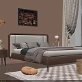 Double Bed with Upholstered Headboard Pillows Striped Bedding Nightstands and Wall Art in Warm Bedroom