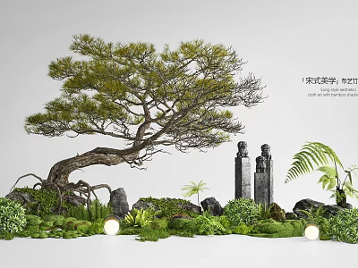 Song Dynasty Style Pine Tree with Stone Statues Moss Ferns and Greenery in Garden 3d model