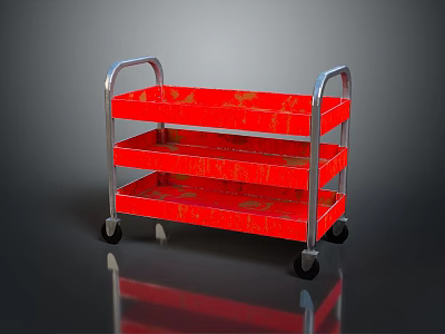 Red Three Tier Utility Cart With Metal Frame And Mobile Wheels 3d model