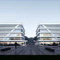 Modern Industrial Factory With Multistorey Structure And Large Glass Windows Surrounded By Trees And People