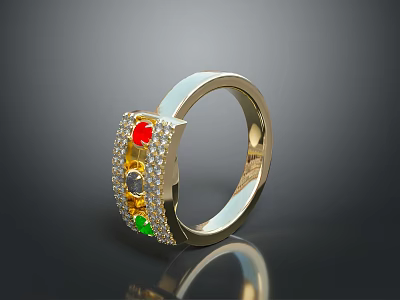 Gold Ring With Colorful Gemstones Red Green And Clear Diamonds Shiny Design 3d model