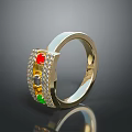 Gold Ring With Colorful Gemstones Red Green And Clear Diamonds Shiny Design