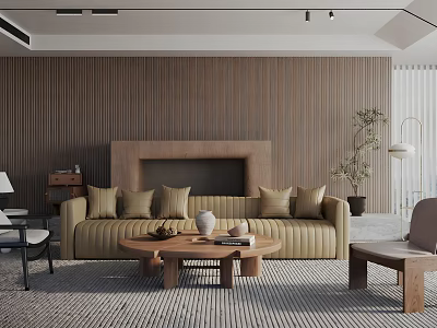 Modern Natural Living Room Interior With Beige Sofa Pillows Wooden Coffee Table And Fireplace 3d model
