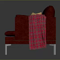 Red Three Seater Sofa With Decorative Pillow And Red Blanket On Metal Legs