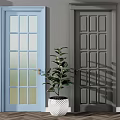 Light Blue And Dark Gray Swing Doors With Glass Solid Panels And Potted Plant
