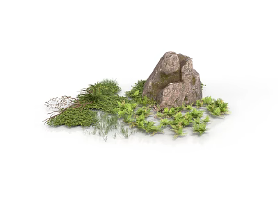 Modern Garden Landscape Design Featuring Large Rock And Lush Green Plants 3d model