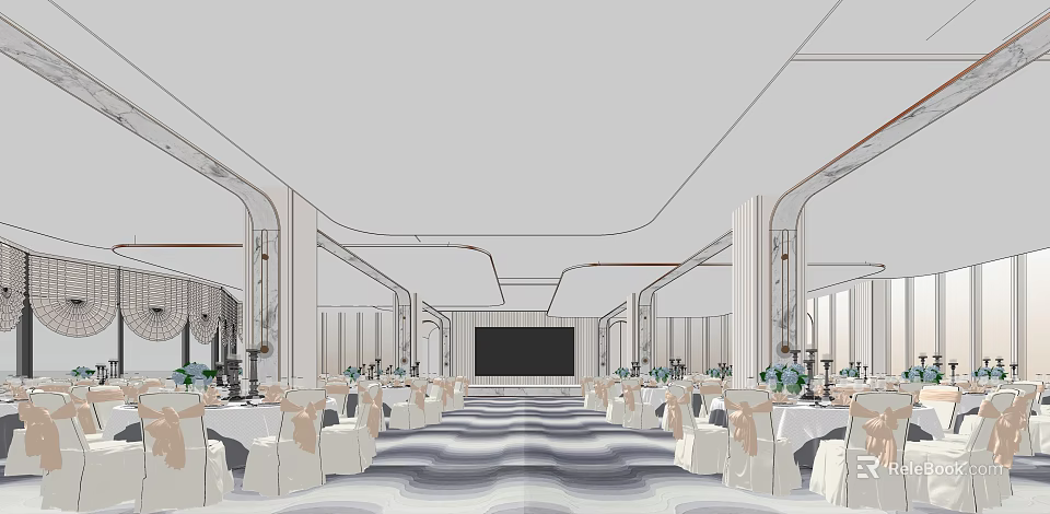 Elegant Banquet Hall Interior Setup With Tables Chairs And Large Screen Decorations 3d model