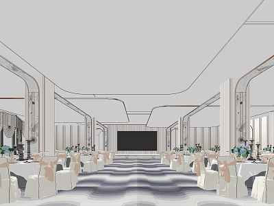 Elegant Banquet Hall Interior Setup With Tables Chairs And Large Screen Decorations 3d model