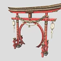 Traditional Red Torii Gate With Decorative Beam Hanging Lanterns And Rope Decorations