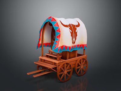 Vintage Covered Wagon Featuring Bull Skull Design Red Blue Trim Wooden Wheels And Steps 3d model