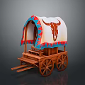 Vintage Covered Wagon Featuring Bull Skull Design Red Blue Trim Wooden Wheels And Steps
