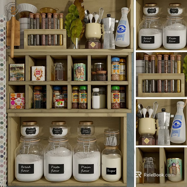 Kitchen Decorative Ornament Set With Storage Jars Spice Containers And Wooden Shelf 3d model 