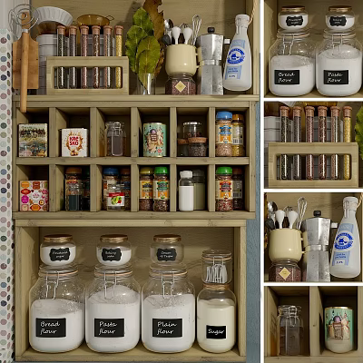 Kitchen Decorative Ornament Set With Storage Jars Spice Containers And Wooden Shelf 3d model