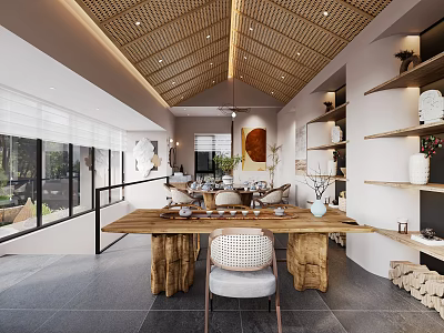 Private Dining Room Interior With Wooden Table And Modern Decor 3d model