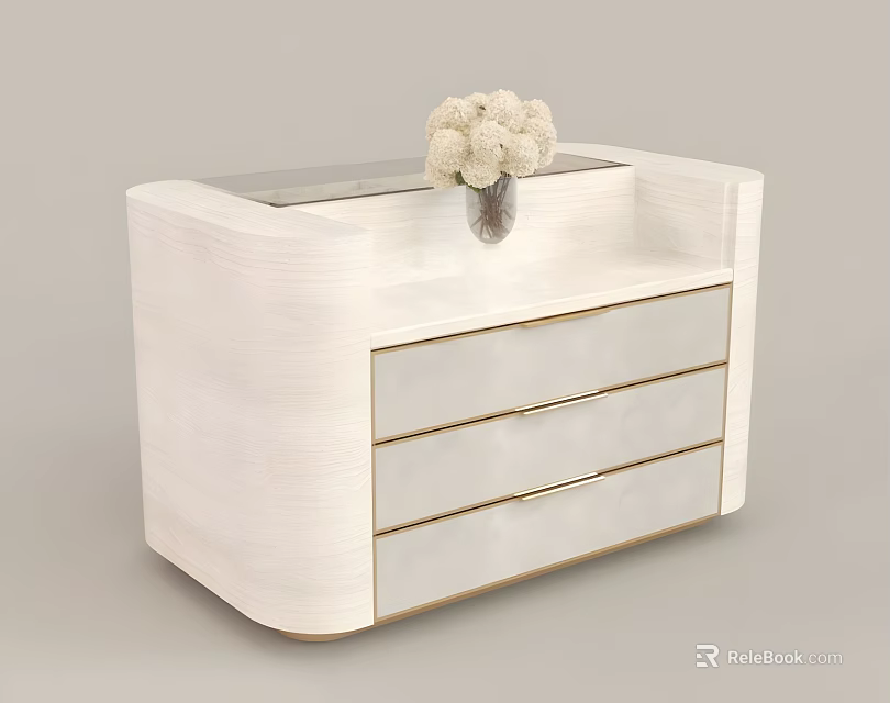 White Wooden Cabinet With Three Drawers Gold Trim And Vase Of White Flowers 3d model 