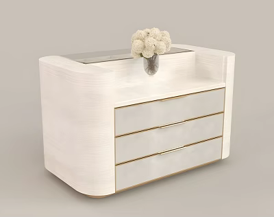 White Wooden Cabinet With Three Drawers Gold Trim And Vase Of White Flowers 3d model