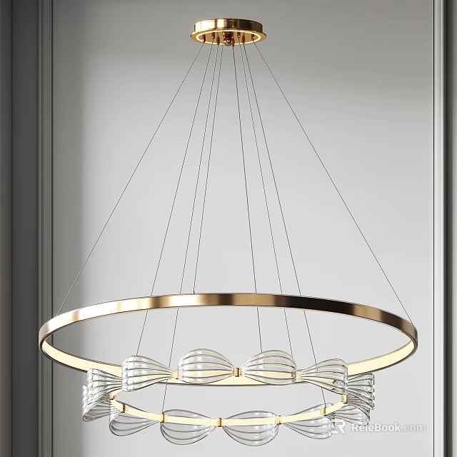 Modern Golden Circular Ring Chandelier Featuring Multiple Strings And Transparent Decorations 3d model
