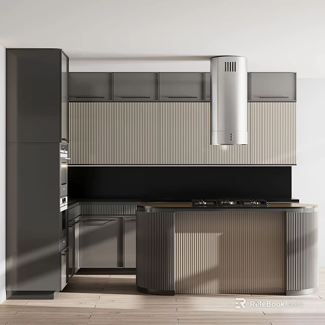 Modern Kitchen Interior With Ribbed Cabinets Range Hood And Stove 3d model 