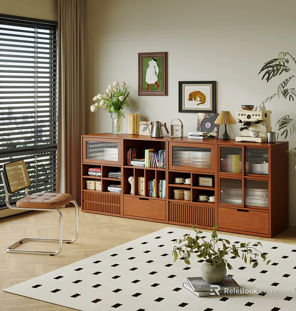 Wooden Bookcase With Glass Doors Holding Books Decor Items Near Window And Chair 3d model 