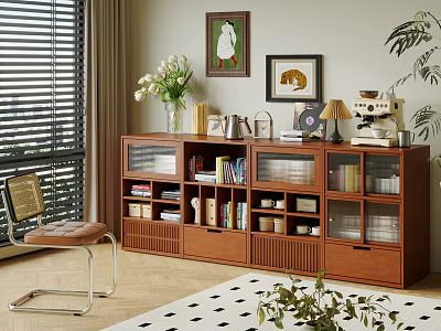 Wooden Bookcase With Glass Doors Holding Books Decor Items Near Window And Chair 3d model