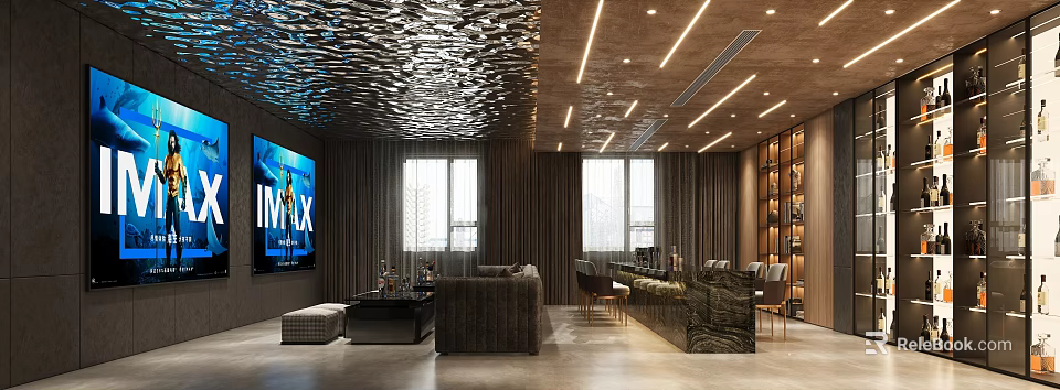 Modern Home Theater Interior With Large Screen TV Cozy Sofa Textured Ceiling And Linear Lights 3d model 