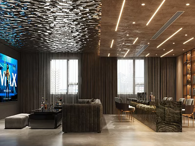 Modern Home Theater Interior With Large Screen TV Cozy Sofa Textured Ceiling And Linear Lights 3d model
